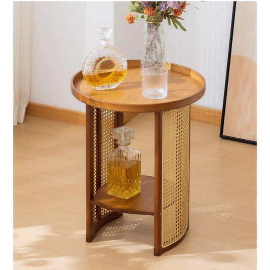 Traditional Japanese Round Rattan Bamboo Small Coffee Table - Monte Carol House Furniture and Interior Decoration