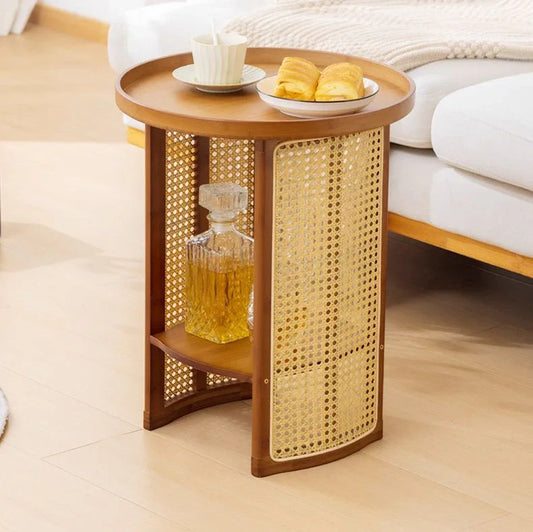 Traditional Japanese Round Rattan Bamboo Small Coffee Table - Monte Carol House Furniture and Interior Decoration