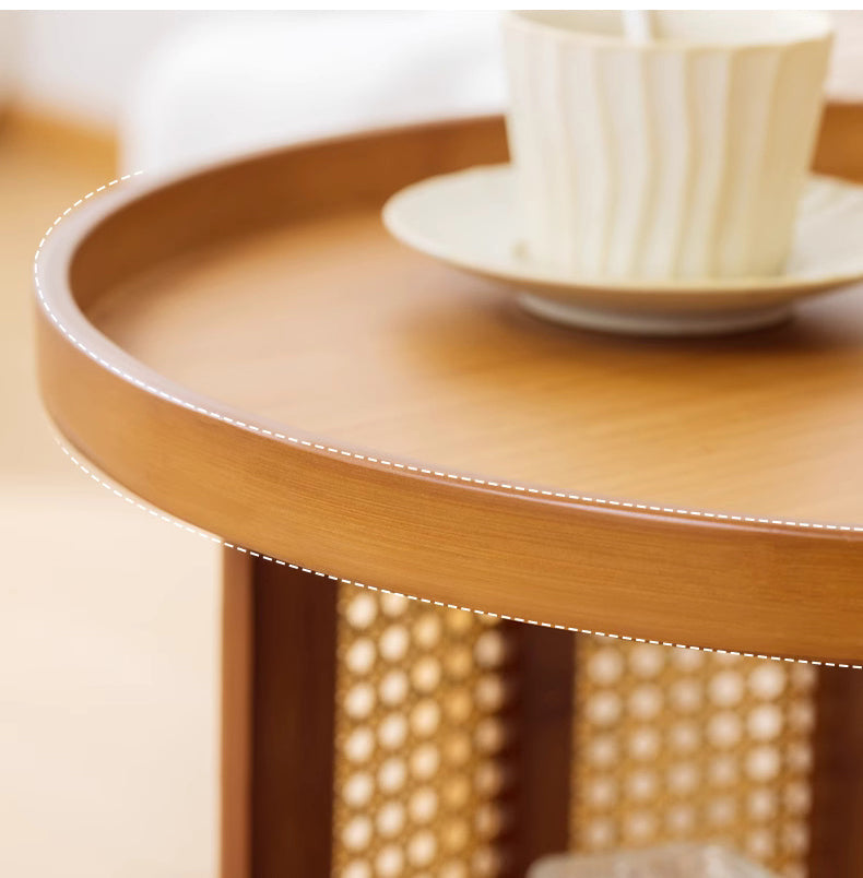 Traditional Japanese Round Rattan Bamboo Small Coffee Table