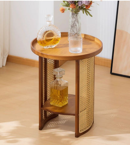 Traditional Japanese Round Rattan Bamboo Small Coffee Table