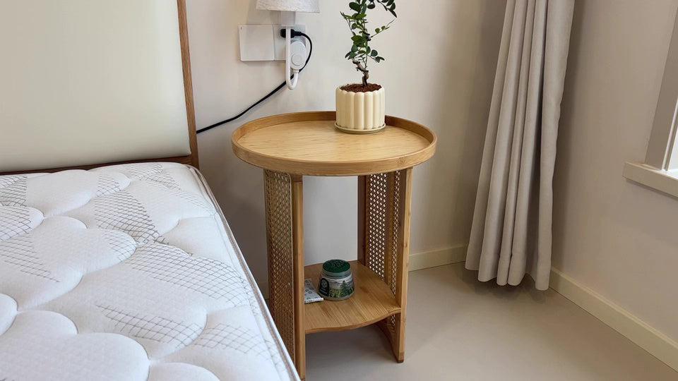 Traditional Japanese Round Rattan Bamboo Small Coffee Table